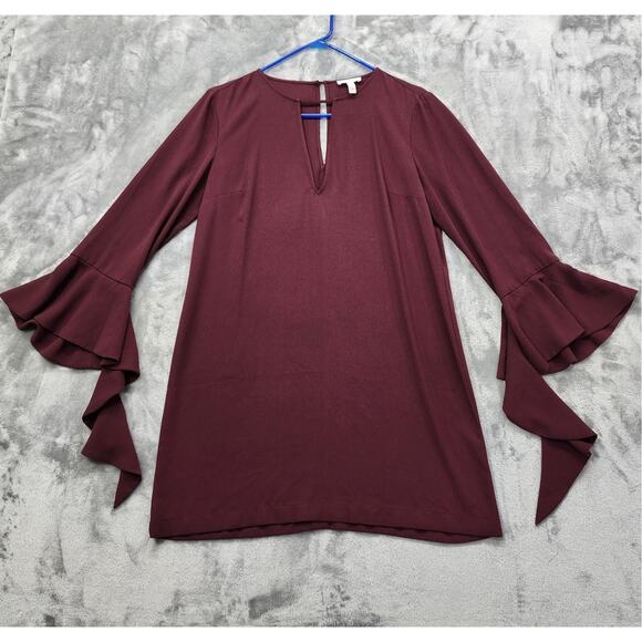 Leith Dress Womens M Red Burgundy Shift Mini Keyhole Long Ruffled Bell Sleeves - Picture 1 of 9